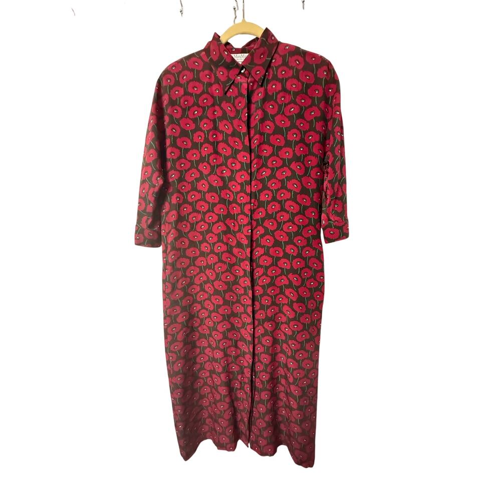 MaxMara Pura Seta Silk Brown Red Flower Button Down Dress Sz 10/42